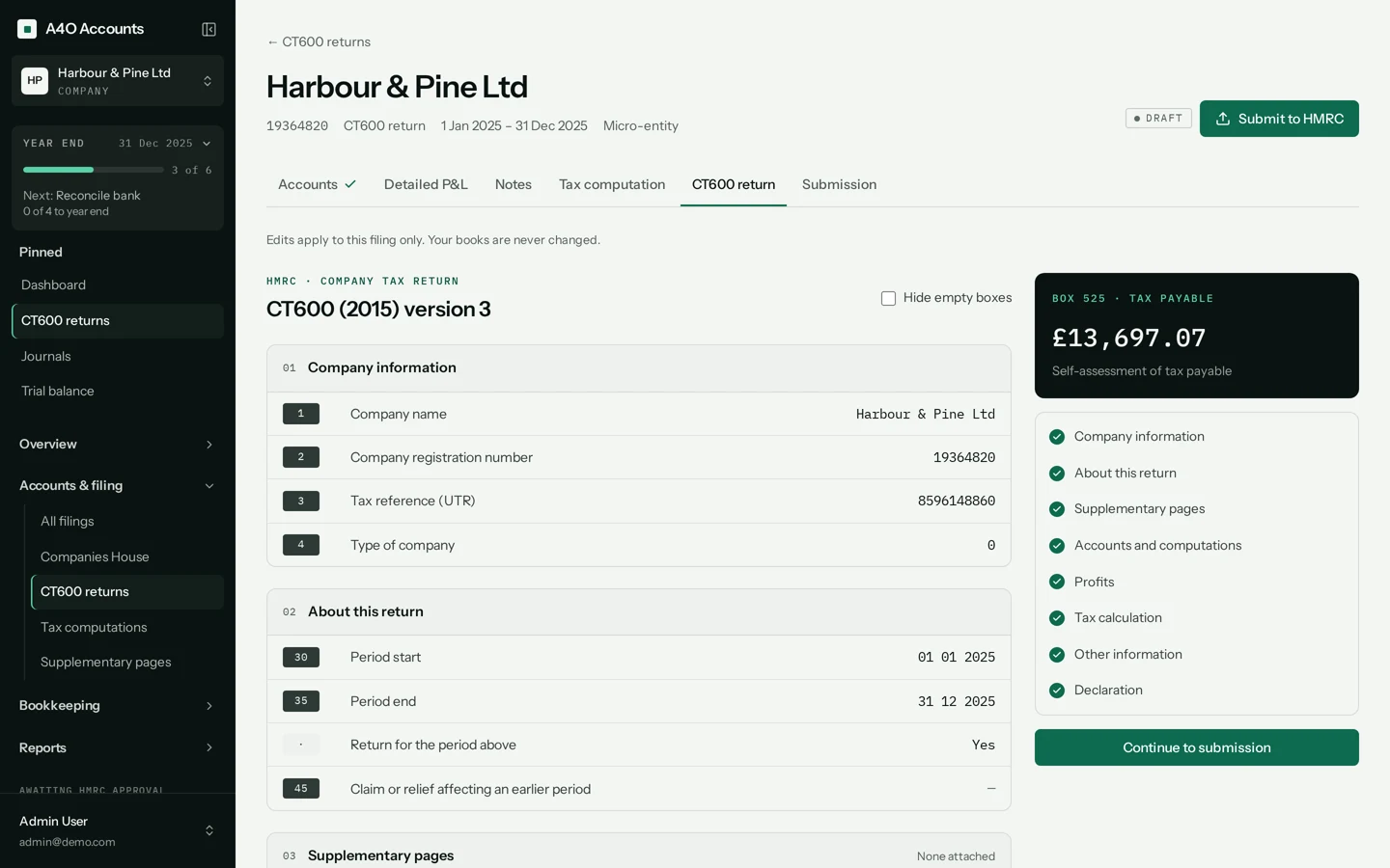 A CT600 return shown box by box, with £13,697.07 corporation tax payable