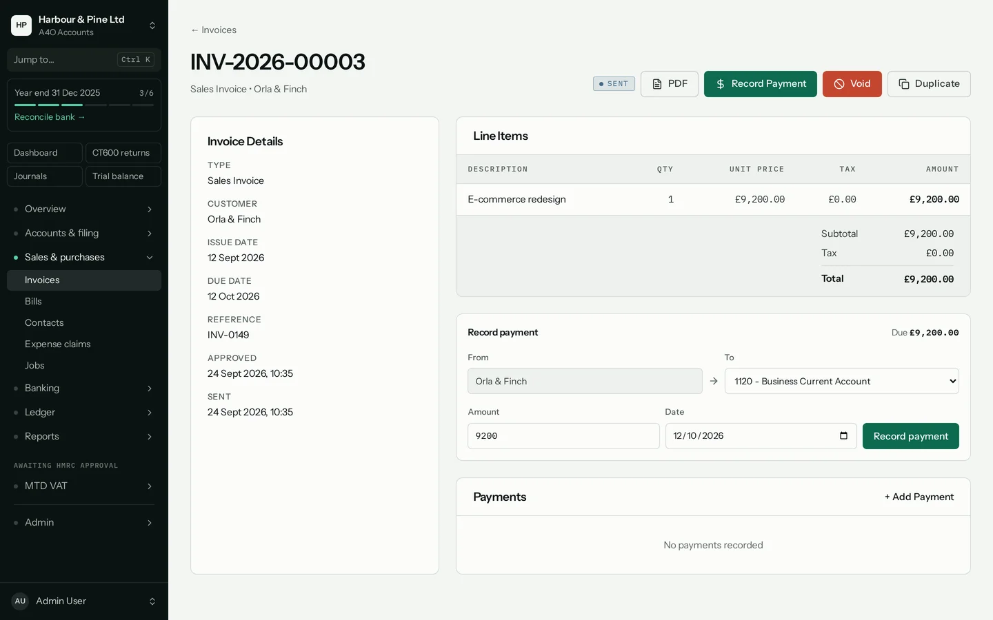An invoice with the Record payment box: from the customer, to the business current account, for the £9,200 due