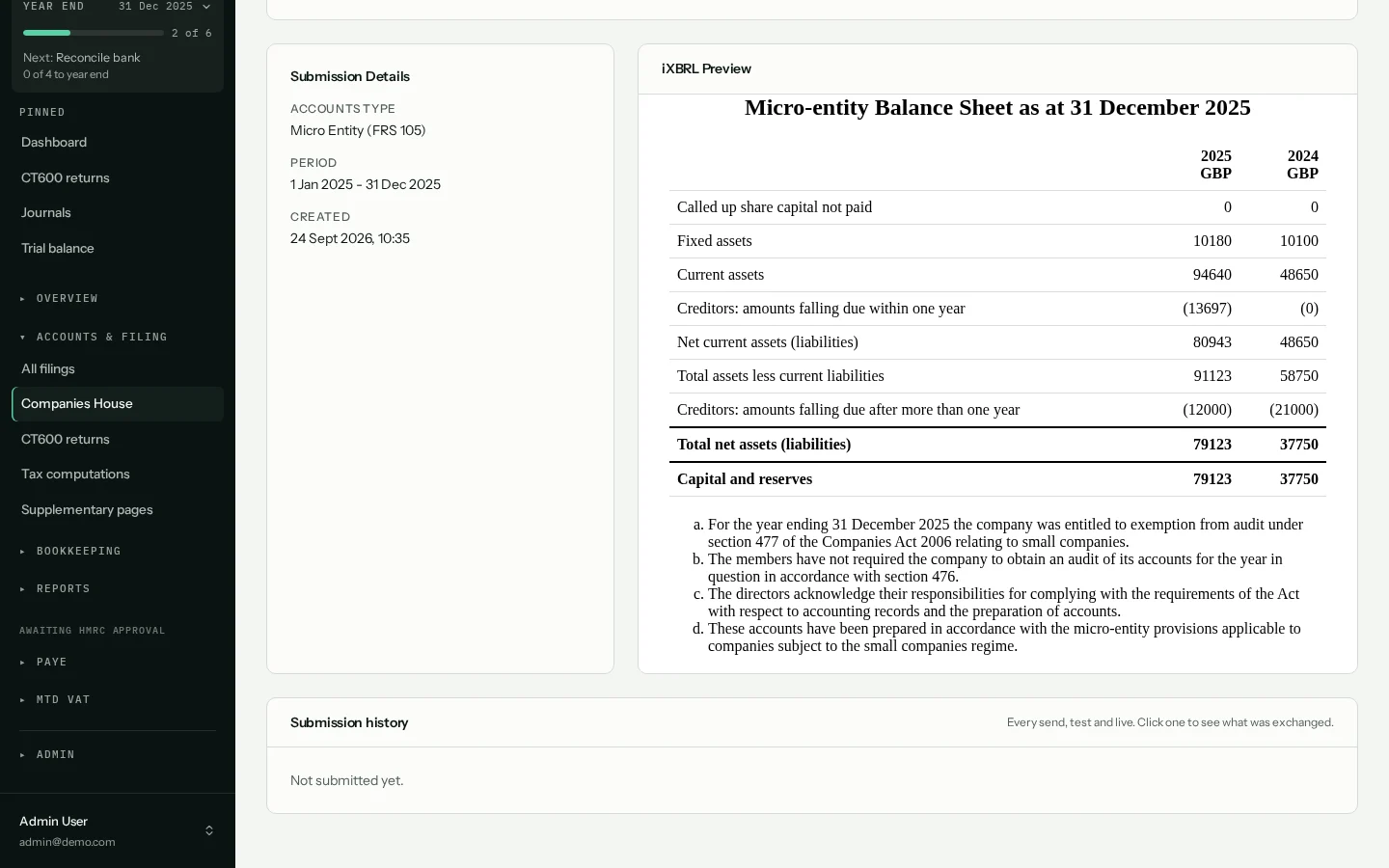 A Companies House accounts filing for a demo company: accounts type Micro Entity (FRS 105), and the iXBRL preview of the micro-entity balance sheet at 31 December 2025 with its notes